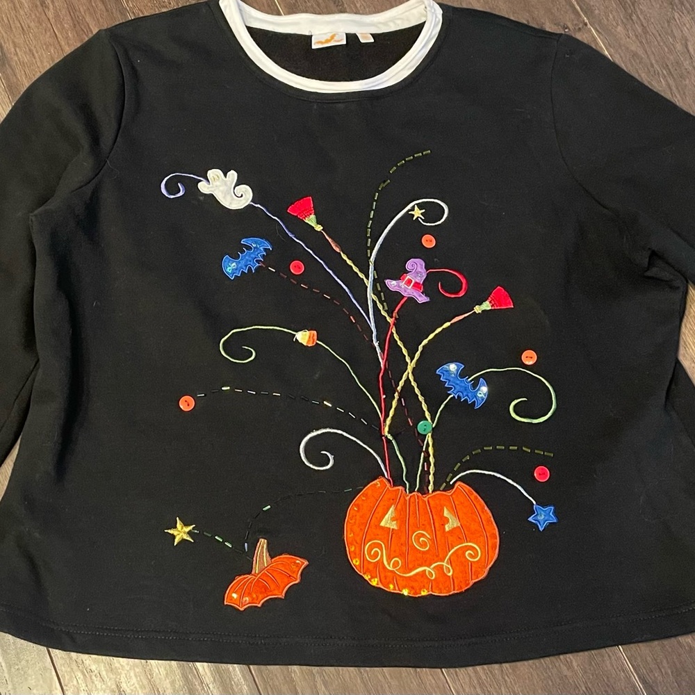 Vintage Y2k Halloween Sweater Black Orange Pumpkin XL Womens